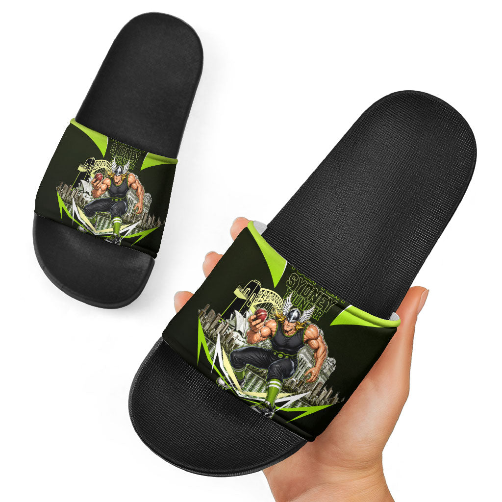 Personalised Sydney Thunder Cricket Mascot Skyline Slide Sandals Retro Comic Style Fan Art Graphic