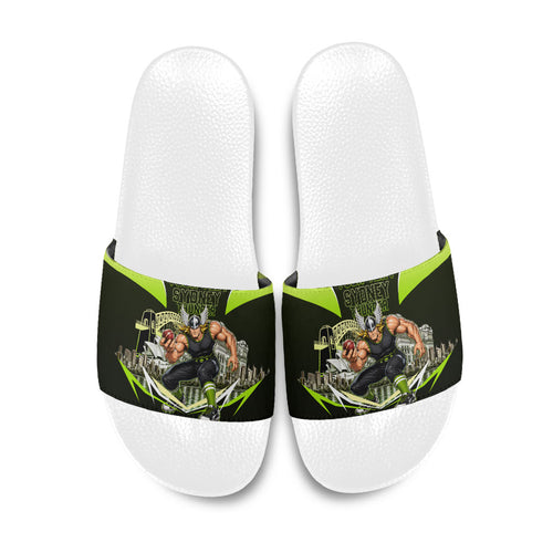 Personalised Sydney Thunder Cricket Mascot Skyline Slide Sandals Retro Comic Style Fan Art Graphic