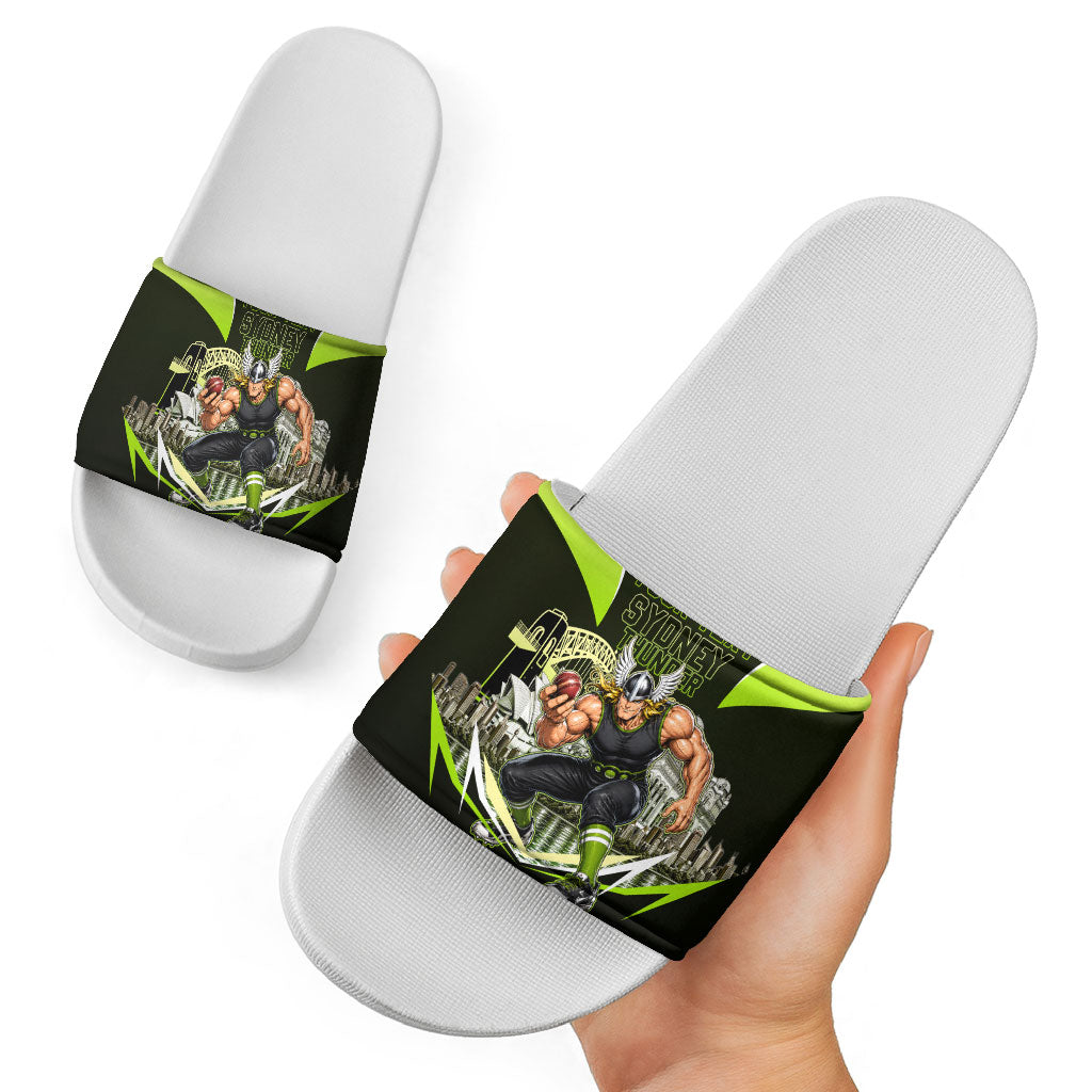 Personalised Sydney Thunder Cricket Mascot Skyline Slide Sandals Retro Comic Style Fan Art Graphic