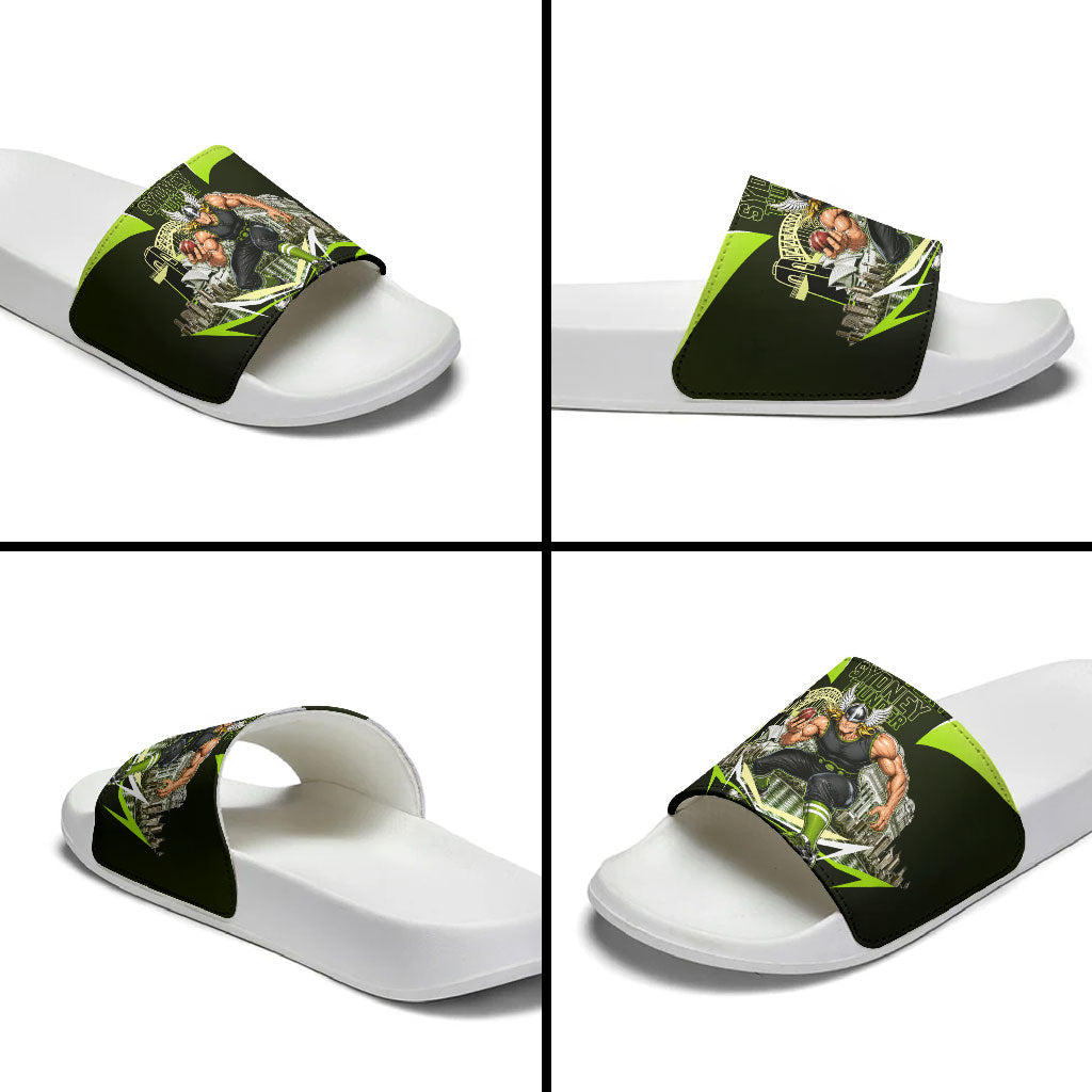 Personalised Sydney Thunder Cricket Mascot Skyline Slide Sandals Retro Comic Style Fan Art Graphic