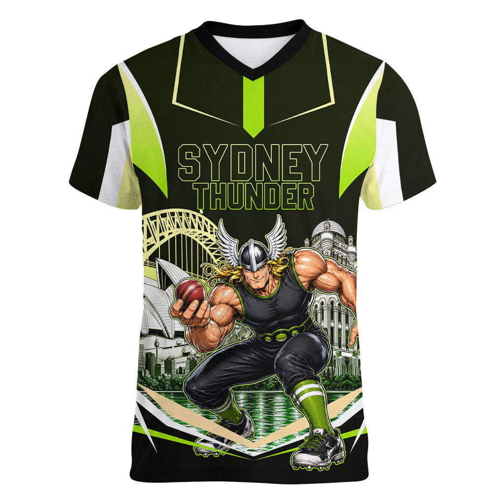 Personalised Sydney Thunder Cricket Mascot Skyline Women V-Neck T-Shirt Retro Comic Style Fan Art Graphic
