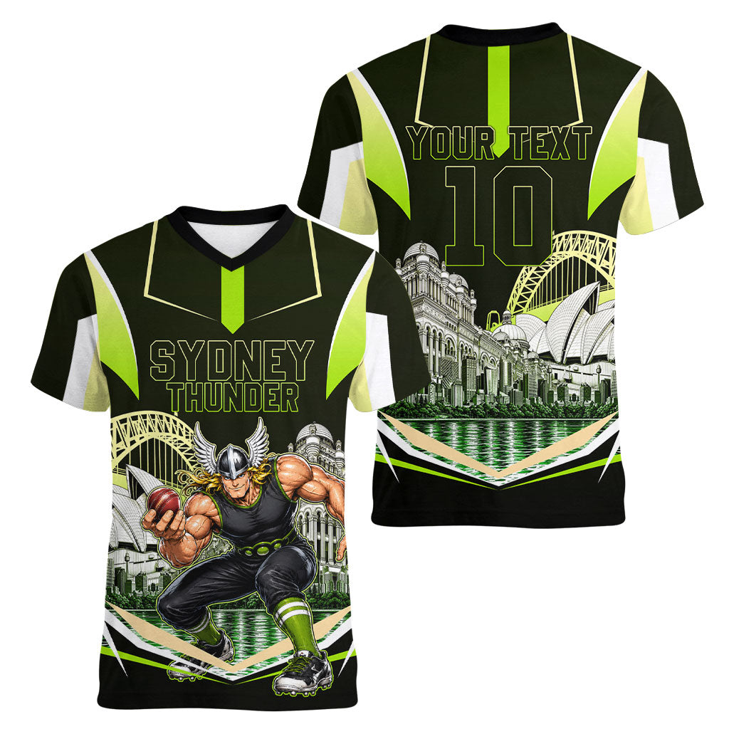 Personalised Sydney Thunder Cricket Mascot Skyline Women V-Neck T-Shirt Retro Comic Style Fan Art Graphic