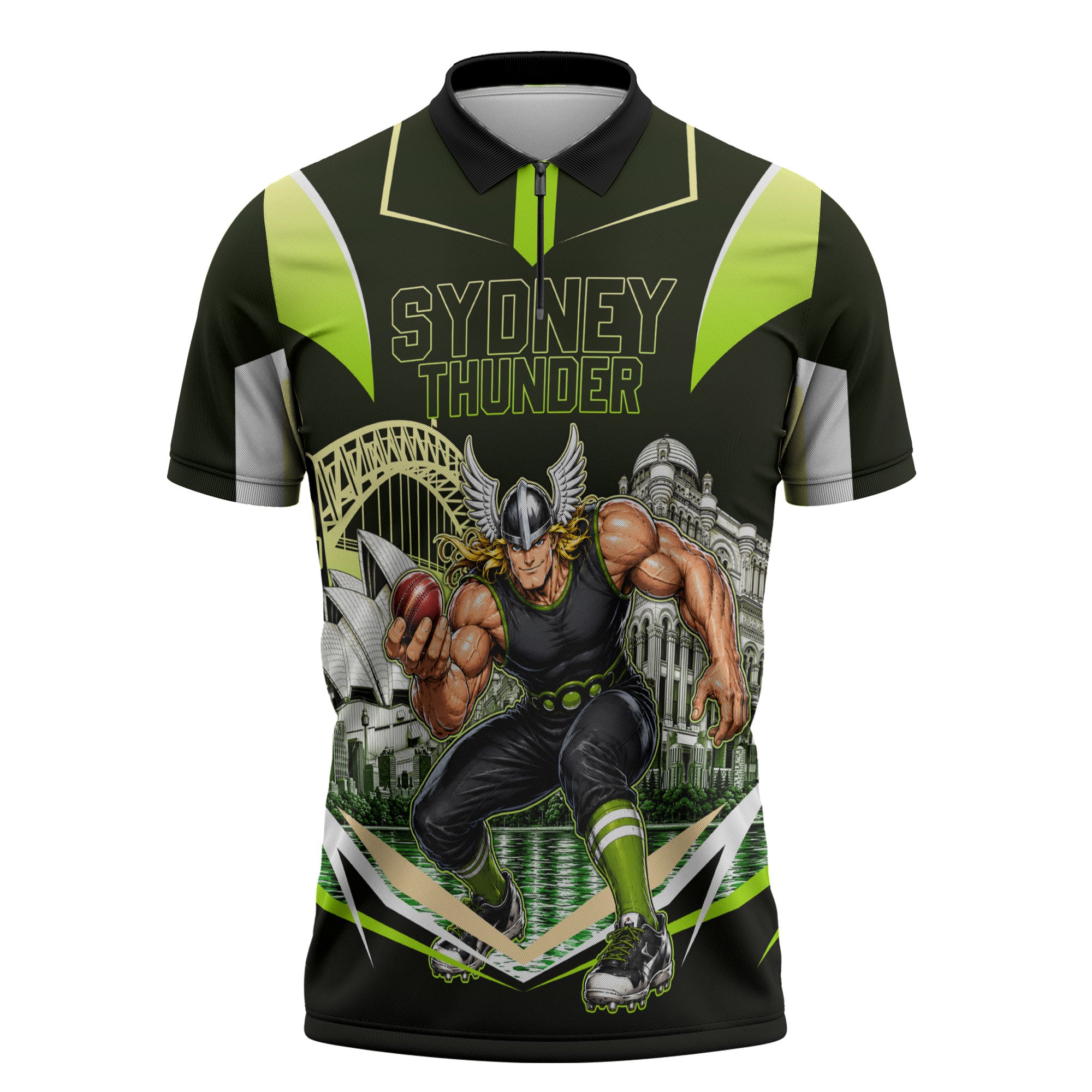 Personalised Sydney Thunder Cricket Mascot Skyline Zipper Polo Shirt Retro Comic Style Fan Art Graphic
