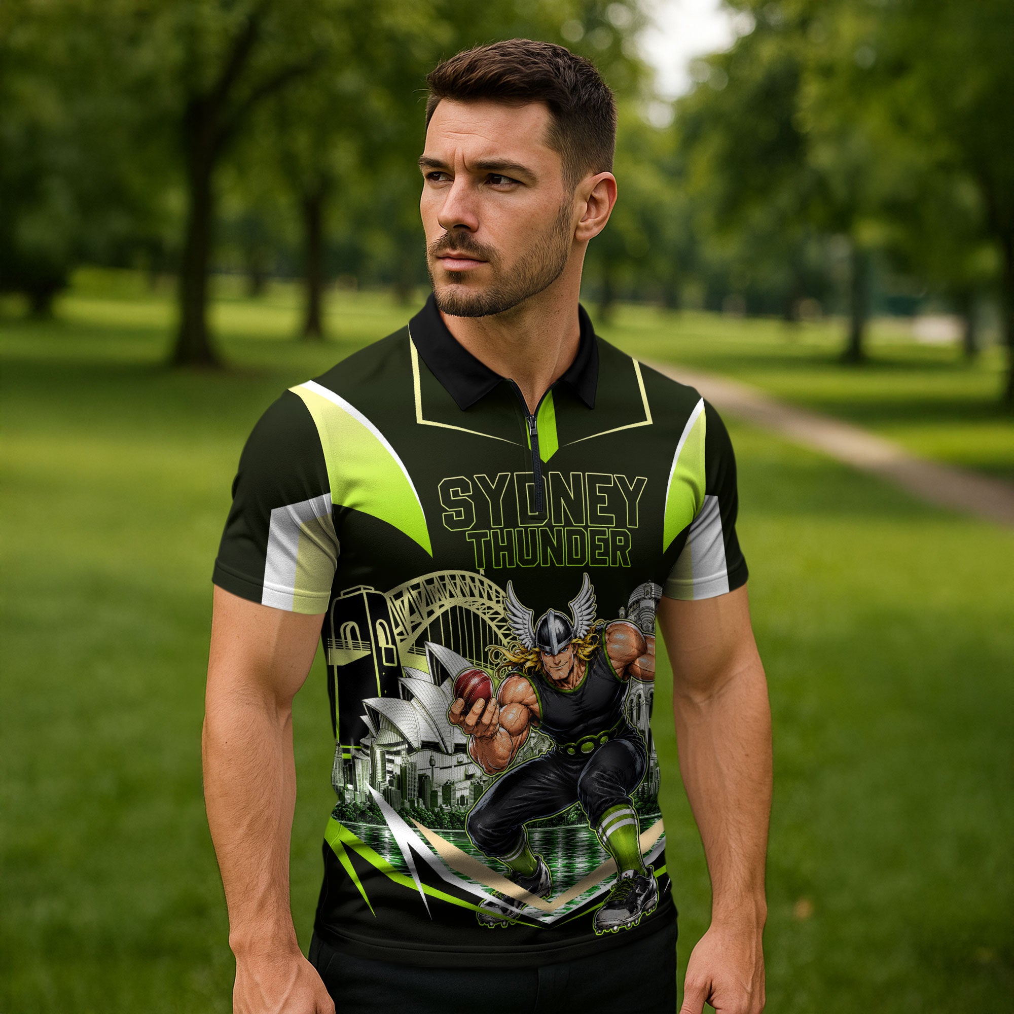 Personalised Sydney Thunder Cricket Mascot Skyline Zipper Polo Shirt Retro Comic Style Fan Art Graphic