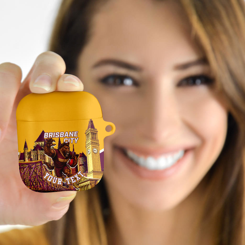 Personalised Brisbane City Rugby AirPods Case Muscular Horse Mascot Skyline Graphic