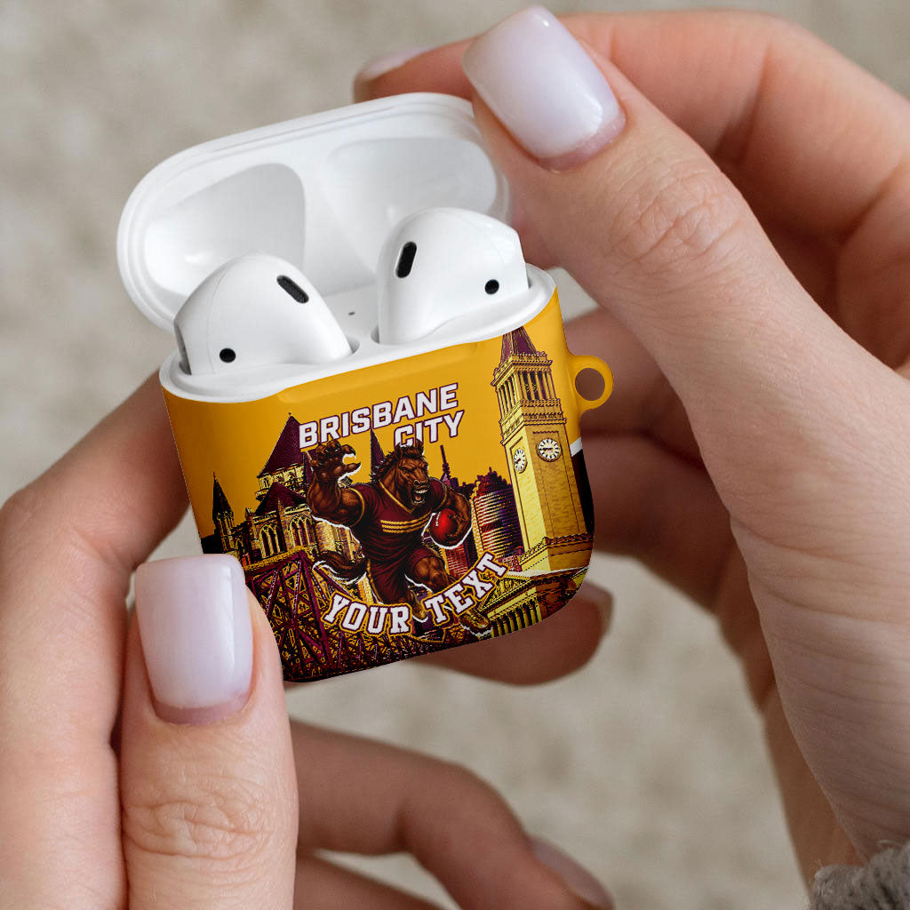 Personalised Brisbane City Rugby AirPods Case Muscular Horse Mascot Skyline Graphic