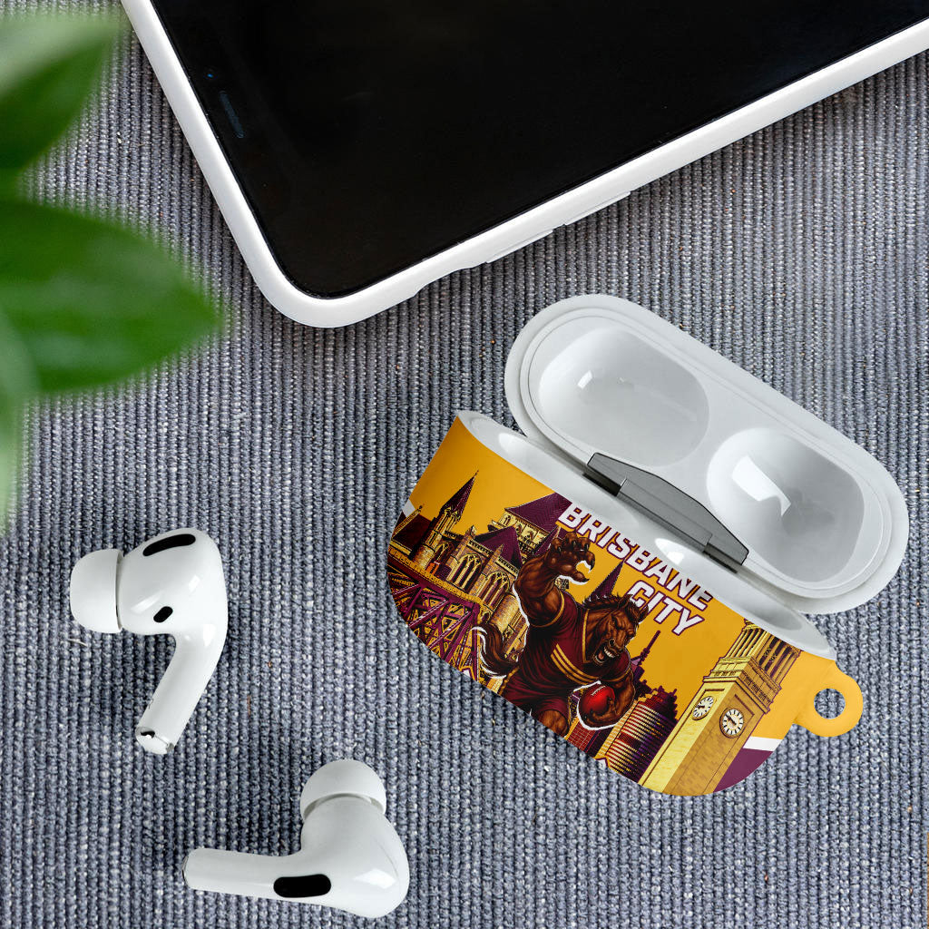 Personalised Brisbane City Rugby AirPods Case Muscular Horse Mascot Skyline Graphic