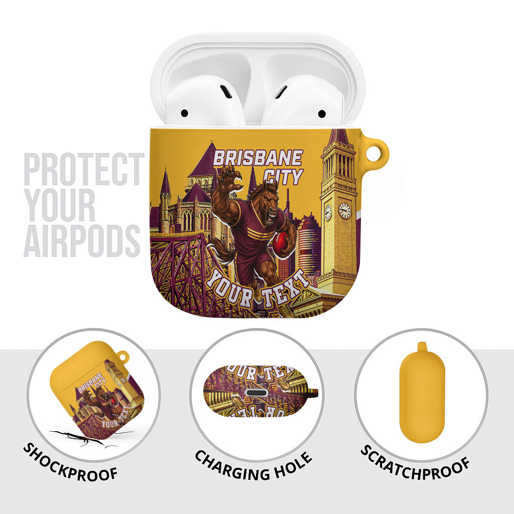 Personalised Brisbane City Rugby AirPods Case Muscular Horse Mascot Skyline Graphic