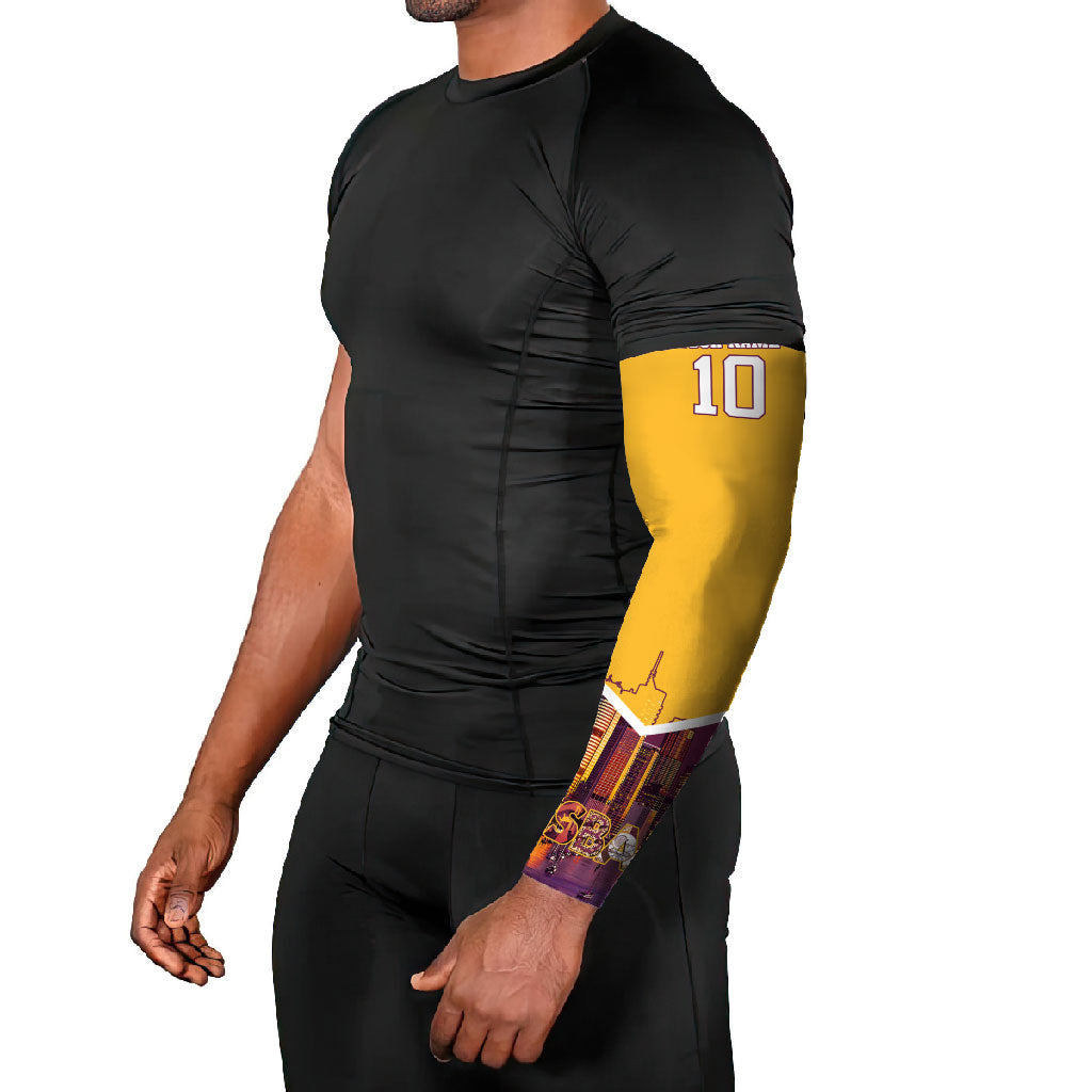 Personalised Brisbane City Rugby Arm Sleeves Muscular Horse Mascot Skyline Graphic