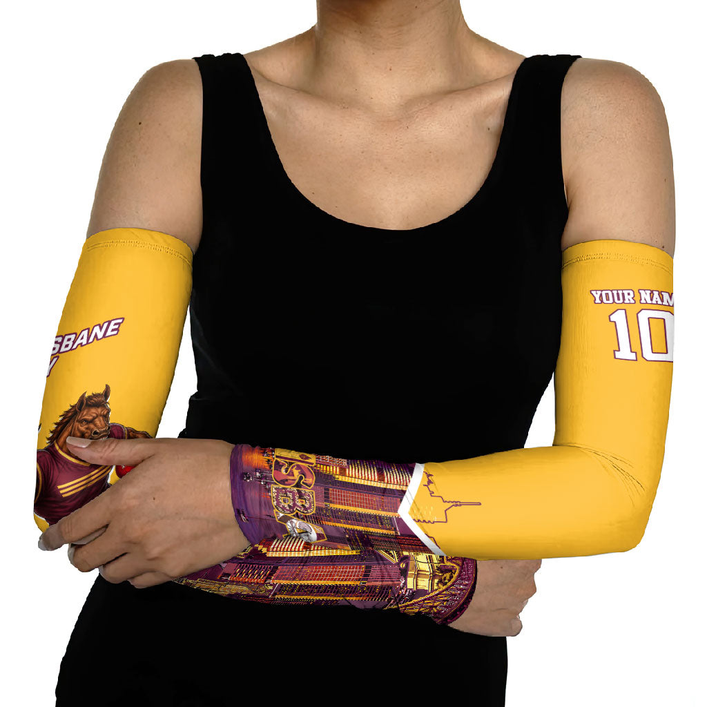 Personalised Brisbane City Rugby Arm Sleeves Muscular Horse Mascot Skyline Graphic