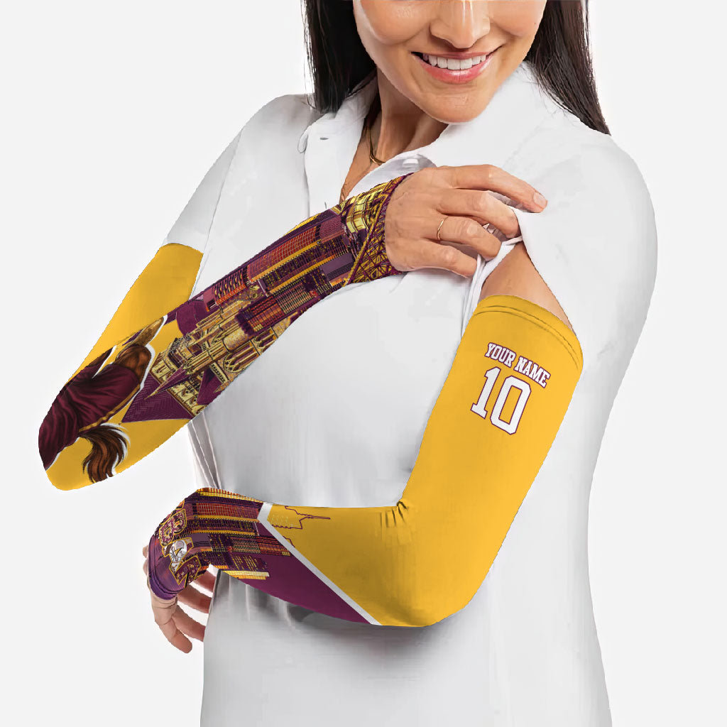 Personalised Brisbane City Rugby Arm Sleeves Muscular Horse Mascot Skyline Graphic