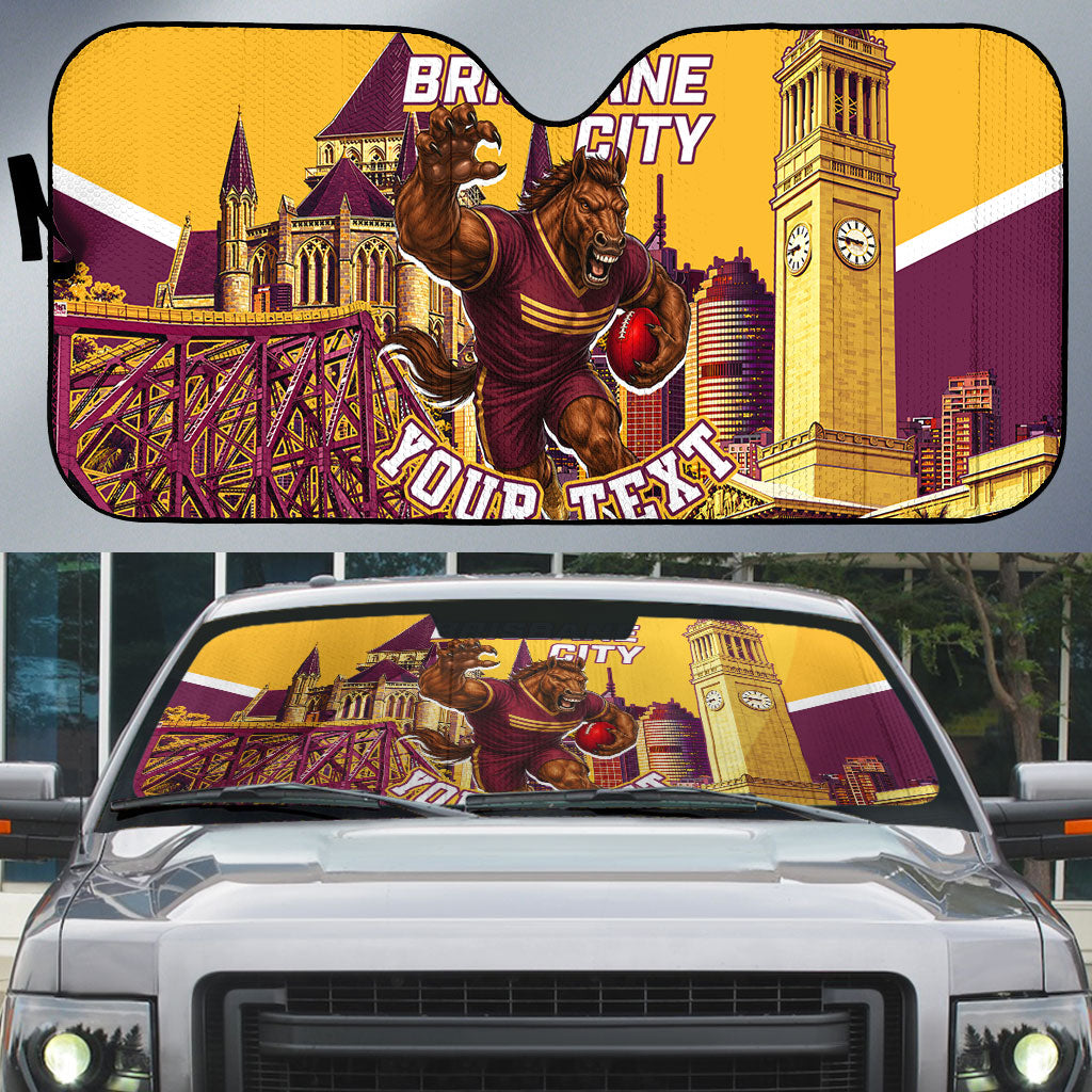 Personalised Brisbane City Rugby Auto Sun Shade Muscular Horse Mascot Skyline Graphic