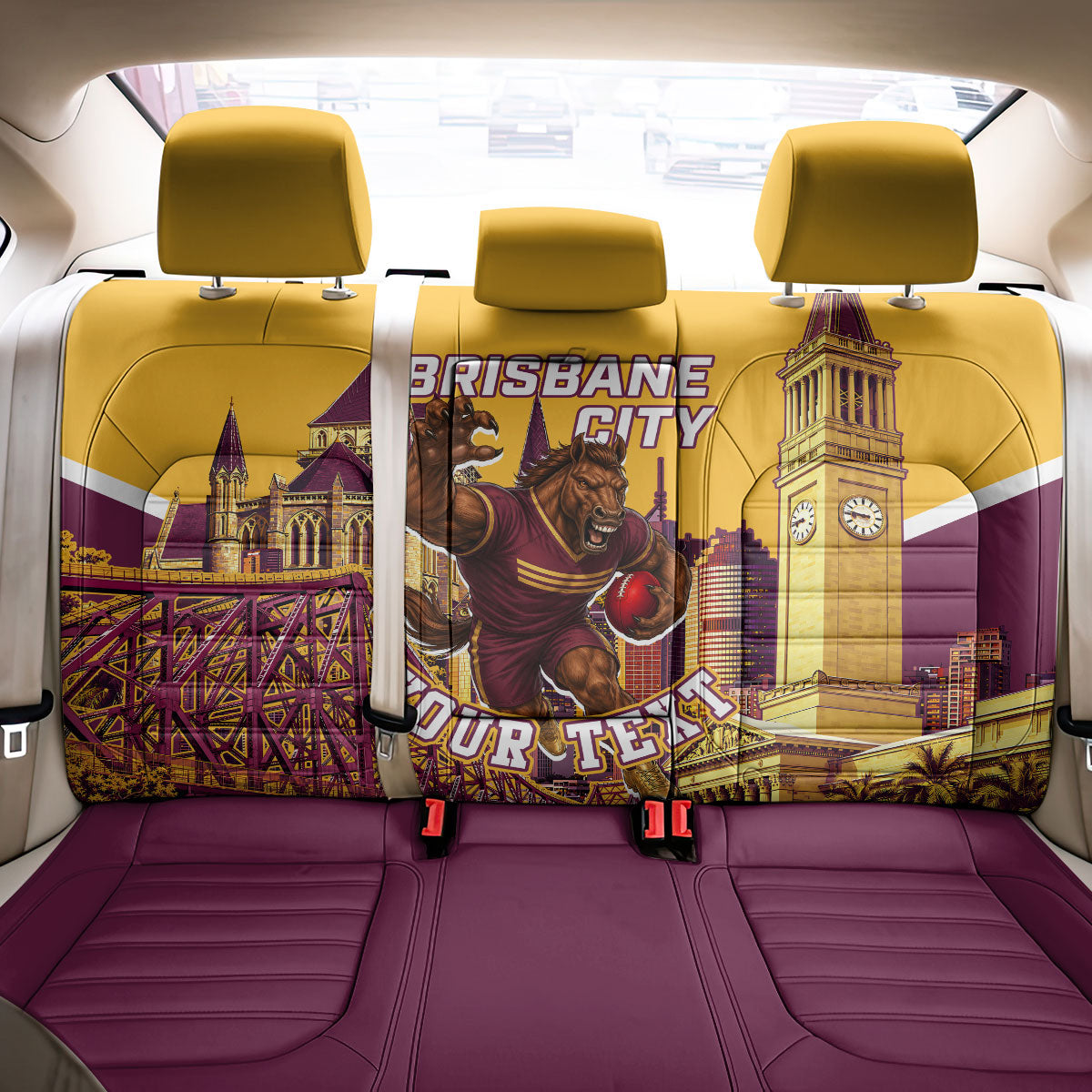 Personalised Brisbane City Rugby Back Car Seat Cover Muscular Horse Mascot Skyline Graphic