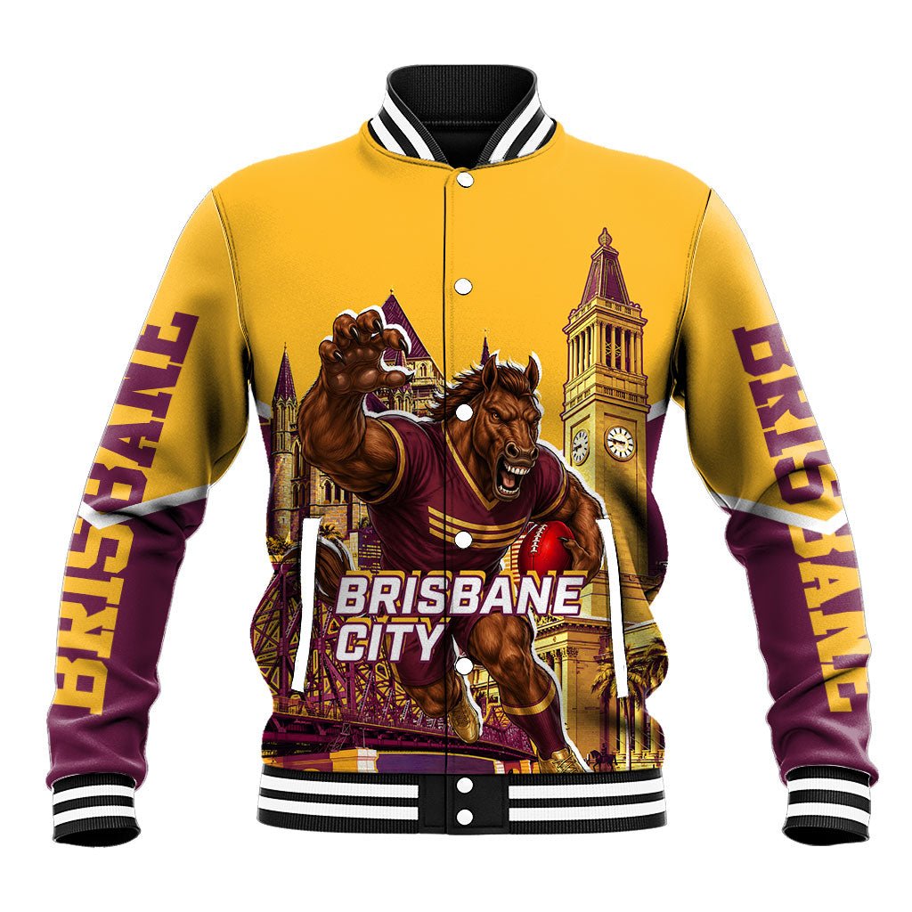 Personalised Brisbane City Rugby Baseball Jacket Muscular Horse Mascot Skyline Graphic