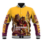 Personalised Brisbane City Rugby Baseball Jacket Muscular Horse Mascot Skyline Graphic