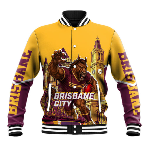 Personalised Brisbane City Rugby Baseball Jacket Muscular Horse Mascot Skyline Graphic