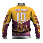 Personalised Brisbane City Rugby Baseball Jacket Muscular Horse Mascot Skyline Graphic