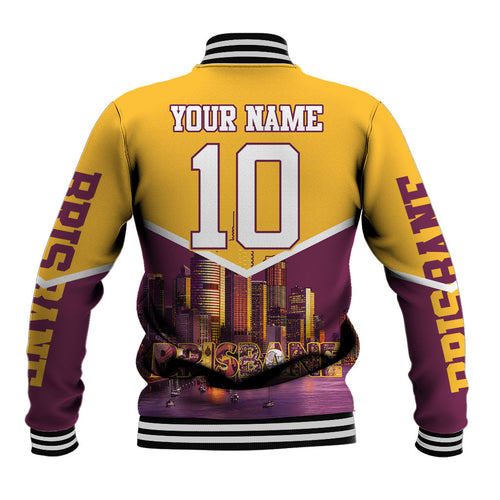 Personalised Brisbane City Rugby Baseball Jacket Muscular Horse Mascot Skyline Graphic