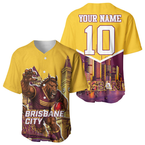 Personalised Brisbane City Rugby Baseball Jersey Muscular Horse Mascot Skyline Graphic