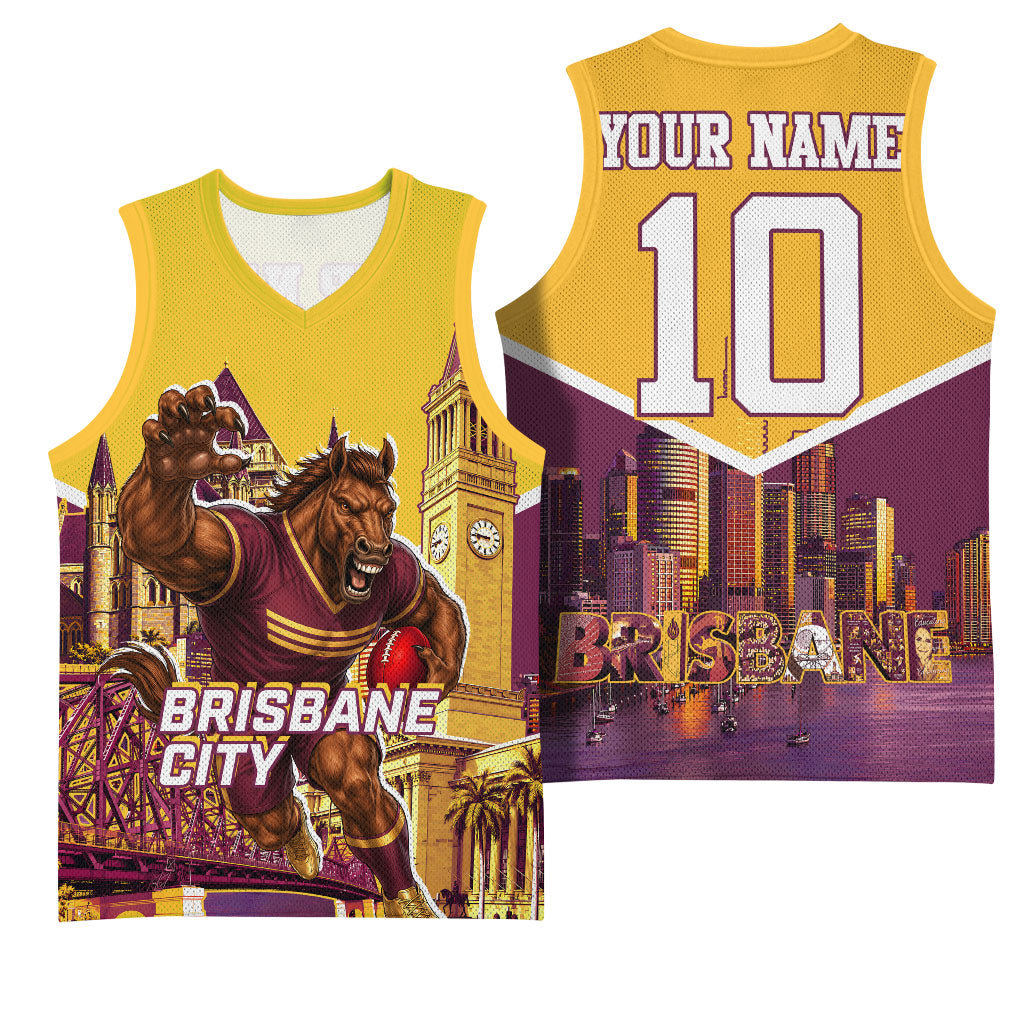 Personalised Brisbane City Rugby Basketball Jersey Muscular Horse Mascot Skyline Graphic