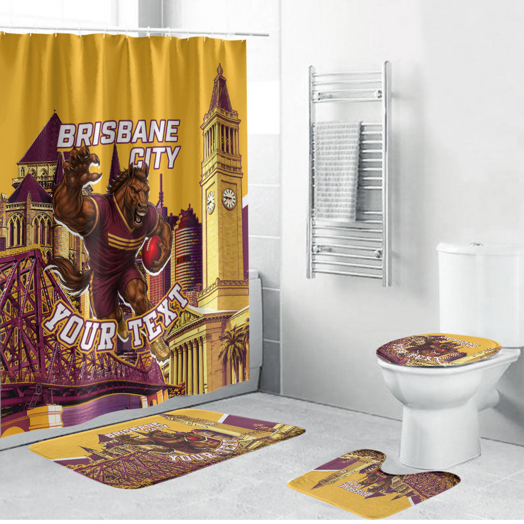 Personalised Brisbane City Rugby Bathroom Set Muscular Horse Mascot Skyline Graphic