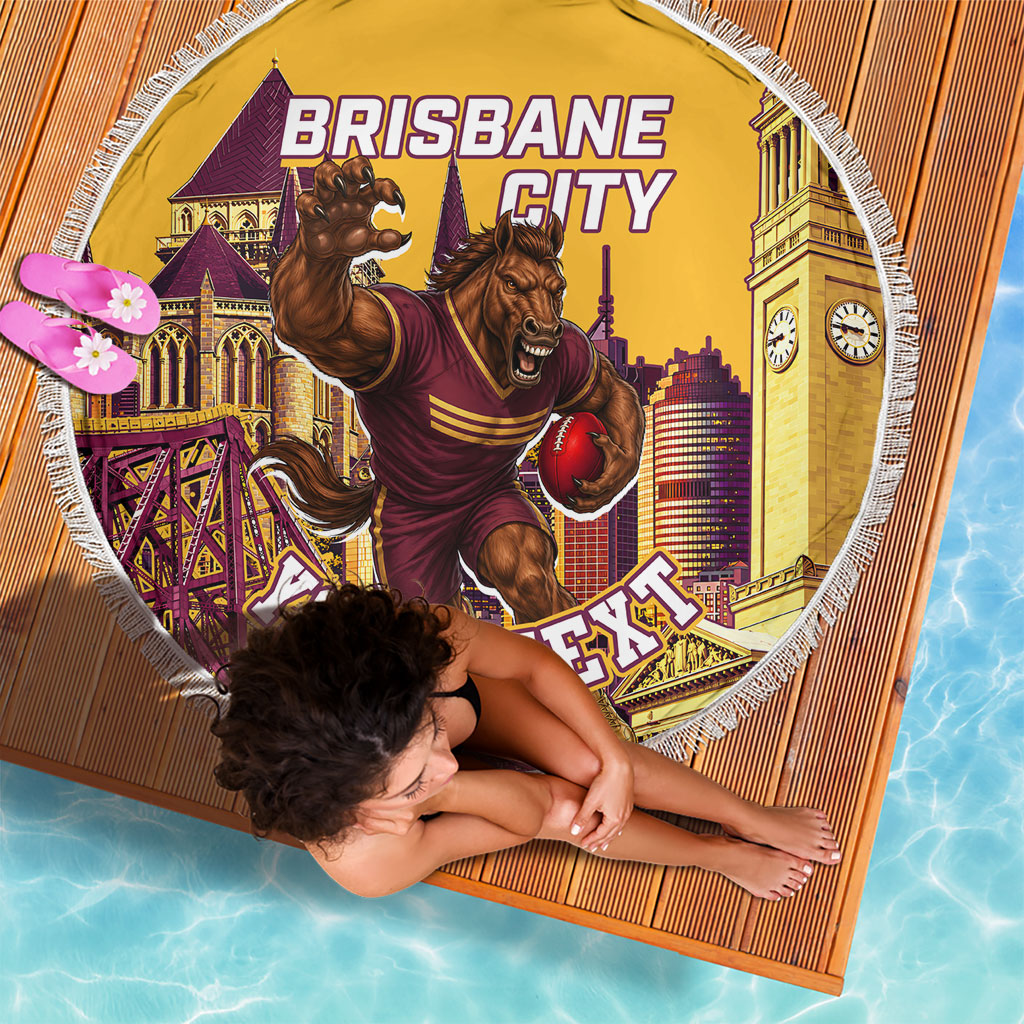 Personalised Brisbane City Rugby Beach Blanket Muscular Horse Mascot Skyline Graphic