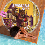 Personalised Brisbane City Rugby Beach Blanket Muscular Horse Mascot Skyline Graphic