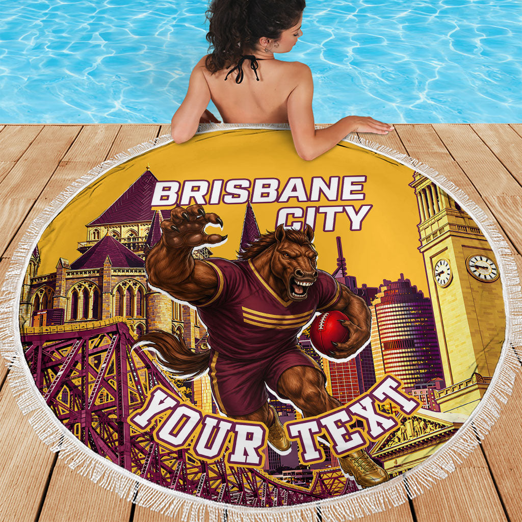 Personalised Brisbane City Rugby Beach Blanket Muscular Horse Mascot Skyline Graphic