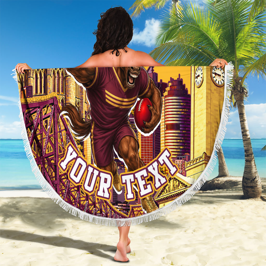 Personalised Brisbane City Rugby Beach Blanket Muscular Horse Mascot Skyline Graphic