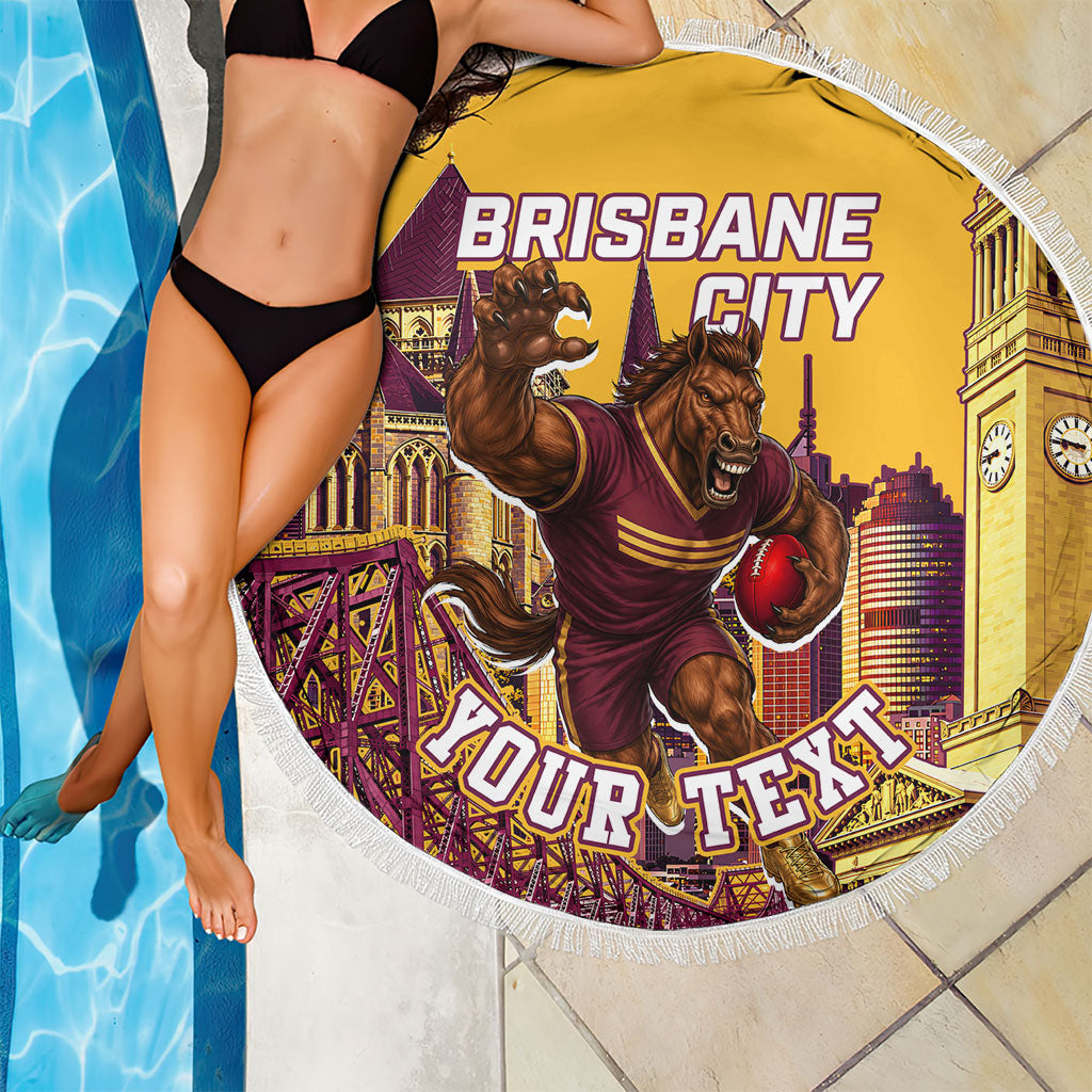 Personalised Brisbane City Rugby Beach Blanket Muscular Horse Mascot Skyline Graphic