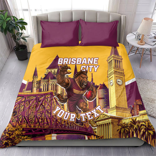 Personalised Brisbane City Rugby Bedding Set Muscular Horse Mascot Skyline Graphic