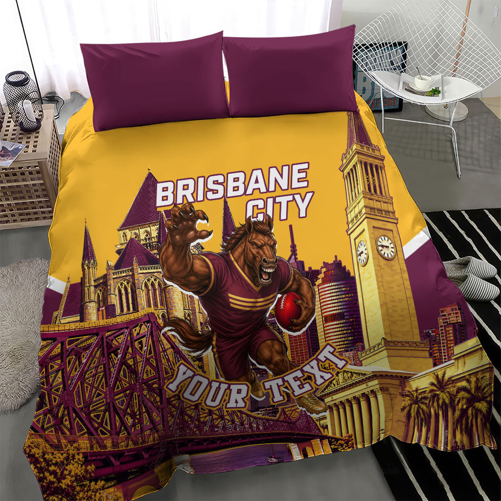 Personalised Brisbane City Rugby Bedding Set Muscular Horse Mascot Skyline Graphic