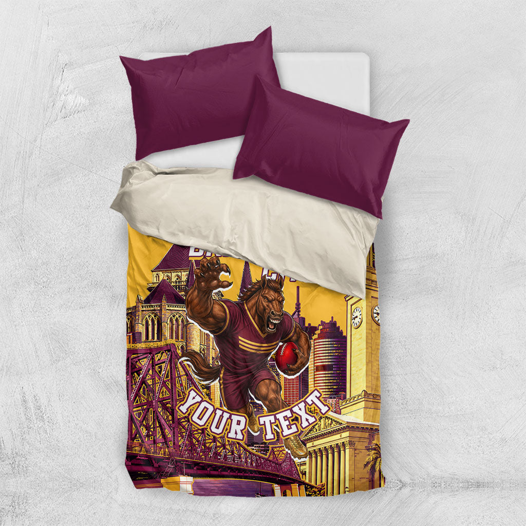 Personalised Brisbane City Rugby Bedding Set Muscular Horse Mascot Skyline Graphic