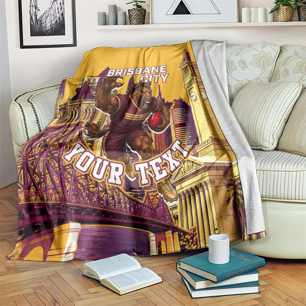 Personalised Brisbane City Rugby Blanket Muscular Horse Mascot Skyline Graphic