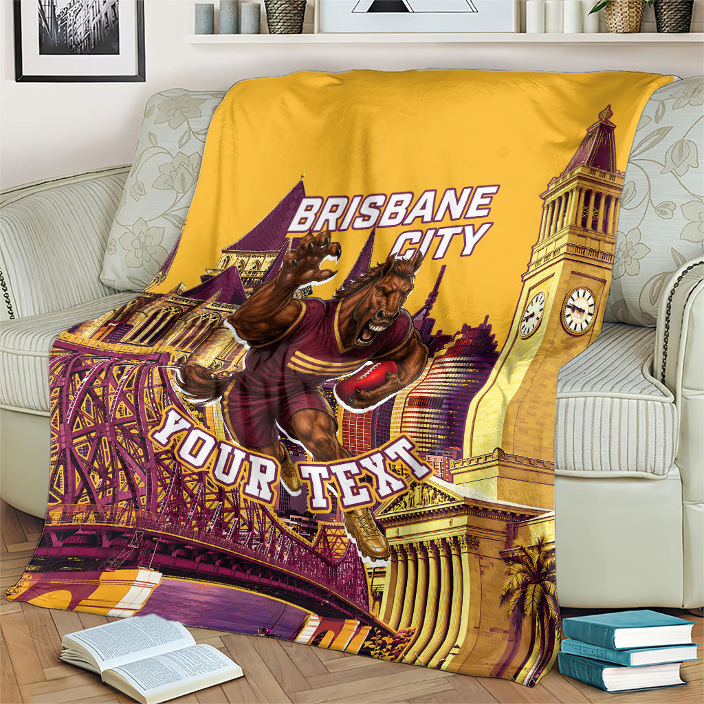 Personalised Brisbane City Rugby Blanket Muscular Horse Mascot Skyline Graphic