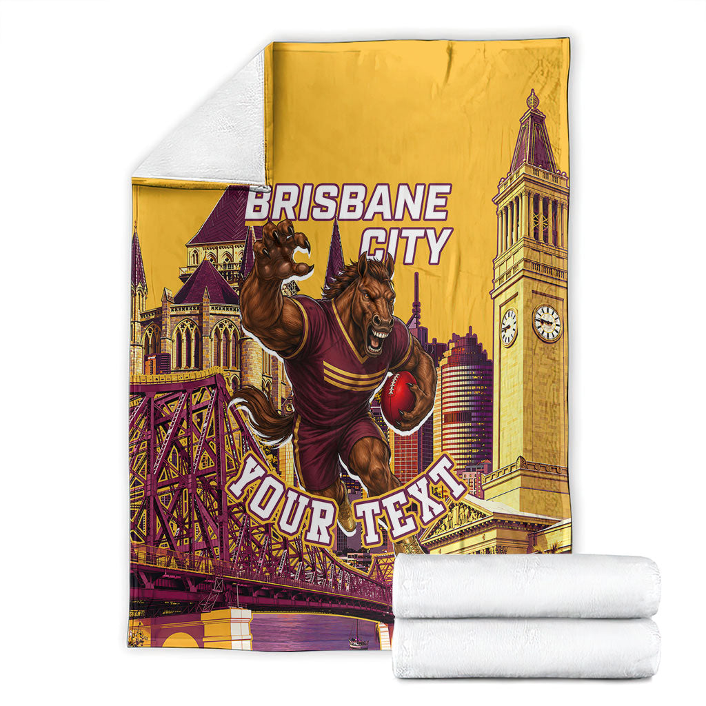 Personalised Brisbane City Rugby Blanket Muscular Horse Mascot Skyline Graphic