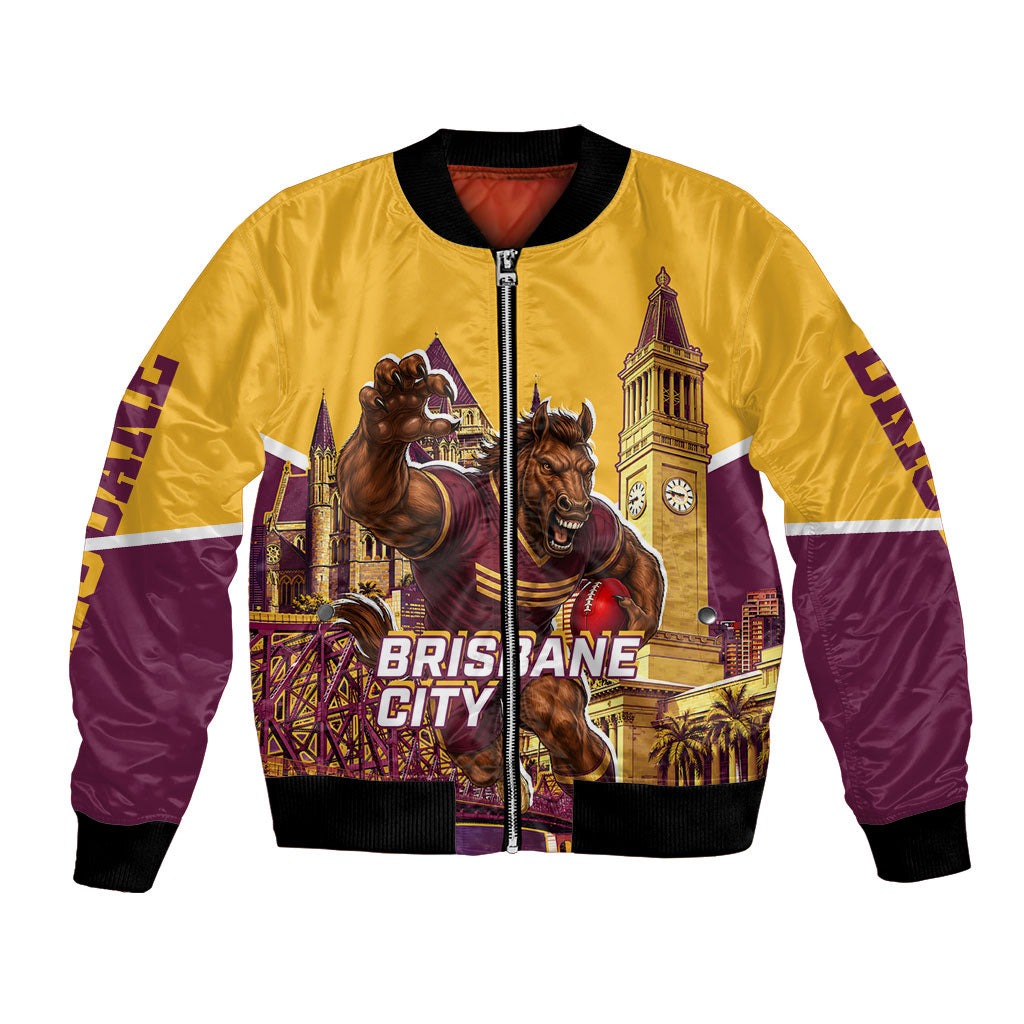 Personalised Brisbane City Rugby Bomber Jacket Muscular Horse Mascot Skyline Graphic