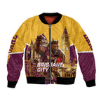 Personalised Brisbane City Rugby Bomber Jacket Muscular Horse Mascot Skyline Graphic