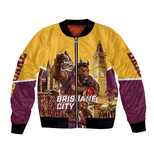 Personalised Brisbane City Rugby Bomber Jacket Muscular Horse Mascot Skyline Graphic