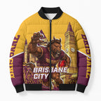 Personalised Brisbane City Rugby Bomber Puffer Jacket Muscular Horse Mascot Skyline Graphic