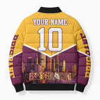Personalised Brisbane City Rugby Bomber Puffer Jacket Muscular Horse Mascot Skyline Graphic