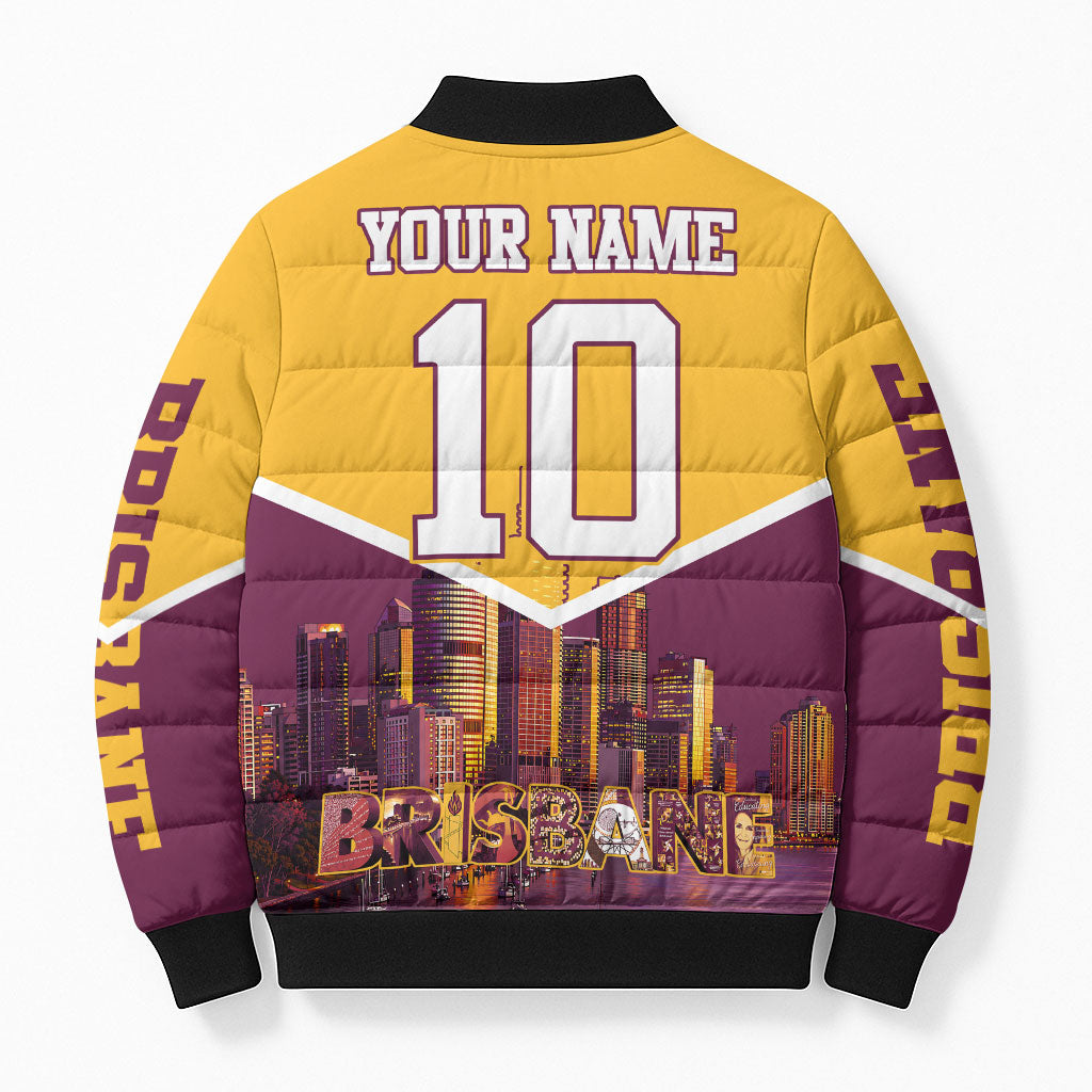 Personalised Brisbane City Rugby Bomber Puffer Jacket Muscular Horse Mascot Skyline Graphic