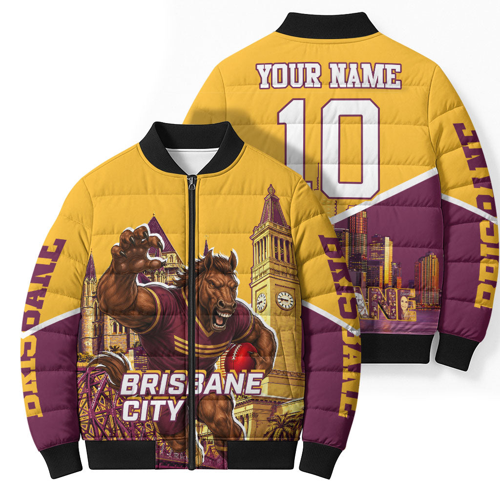 Personalised Brisbane City Rugby Bomber Puffer Jacket Muscular Horse Mascot Skyline Graphic