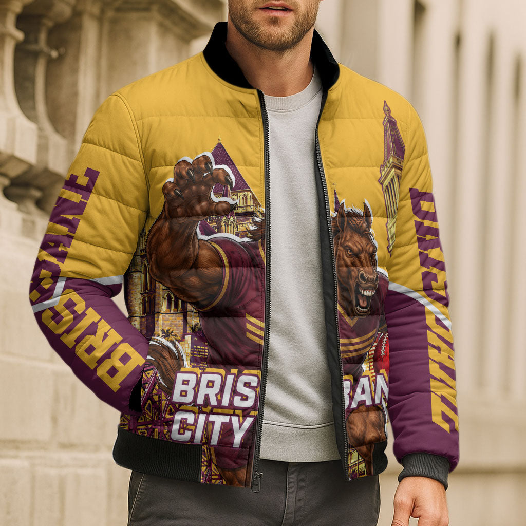 Personalised Brisbane City Rugby Bomber Puffer Jacket Muscular Horse Mascot Skyline Graphic