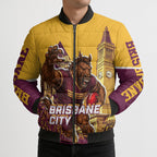 Personalised Brisbane City Rugby Bomber Puffer Jacket Muscular Horse Mascot Skyline Graphic