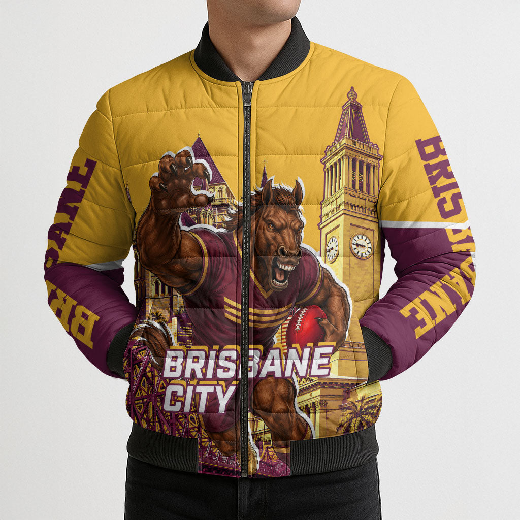 Personalised Brisbane City Rugby Bomber Puffer Jacket Muscular Horse Mascot Skyline Graphic