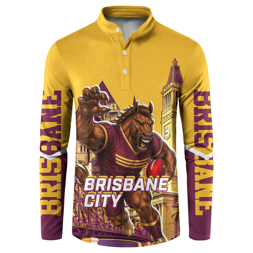Personalised Brisbane City Rugby Button Sweatshirt Muscular Horse Mascot Skyline Graphic