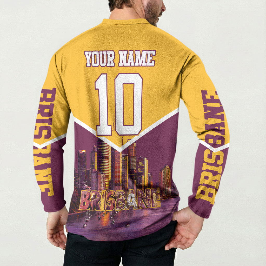 Personalised Brisbane City Rugby Button Sweatshirt Muscular Horse Mascot Skyline Graphic