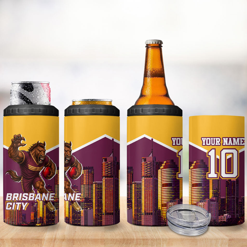 Personalised Brisbane City Rugby 4 in 1 Can Cooler Tumbler Muscular Horse Mascot Skyline Graphic