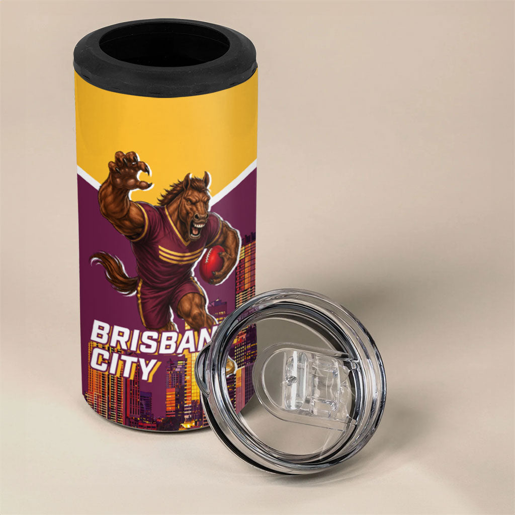 Personalised Brisbane City Rugby 4 in 1 Can Cooler Tumbler Muscular Horse Mascot Skyline Graphic